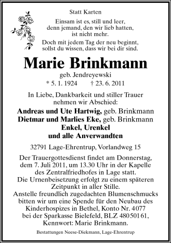 Anzeige  Marie Brinkmann  Lippische Landes-Zeitung