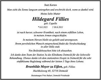 Anzeige  Hildegard Fillies  Lippische Landes-Zeitung