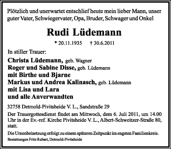 Anzeige  Rudi Lüdemann  Lippische Landes-Zeitung