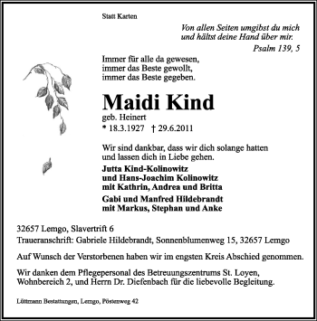 Anzeige  Maidi Kind  Lippische Landes-Zeitung