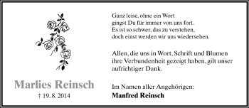 Anzeige  Marlies Reinsch  Lippische Landes-Zeitung