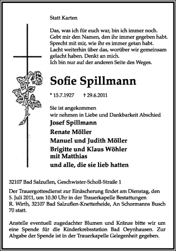 Anzeige  Sofie Spillmann  Lippische Landes-Zeitung