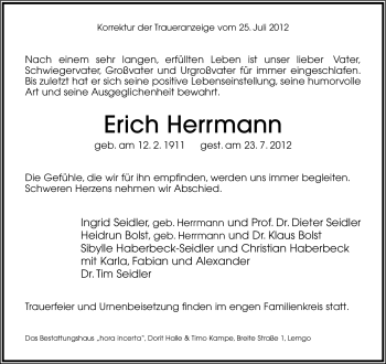 Anzeige  Erich Herrmann  Lippische Landes-Zeitung