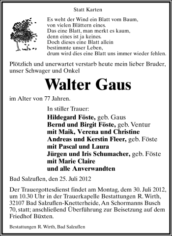 Anzeige  Walter Gaus  Lippische Landes-Zeitung