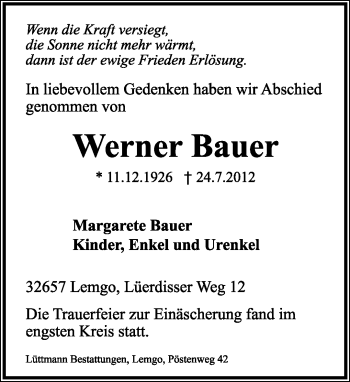 Anzeige  Werner Bauer  Lippische Landes-Zeitung