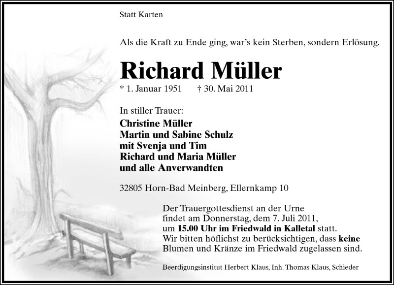  Traueranzeige für Richard Müller vom 02.07.2011 aus Lippische Landes-Zeitung
