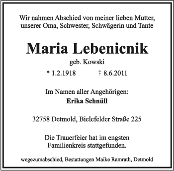 Anzeige  Maria Lebenicnik  Lippische Landes-Zeitung