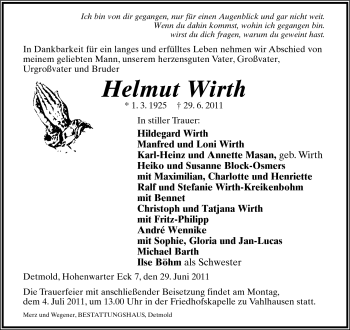 Anzeige  Helmut Wirth  Lippische Landes-Zeitung