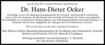 Anzeige  Hans-Dieter Ocker  Lippische Landes-Zeitung