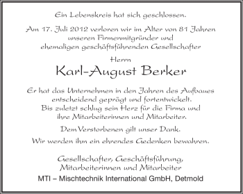 Anzeige  Karl-August Berker  Lippische Landes-Zeitung