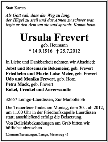 Anzeige  Ursula Frevert  Lippische Landes-Zeitung
