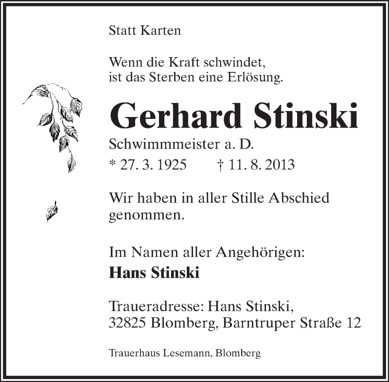  Traueranzeige für Gerhard Stinski vom 24.08.2013 aus Lippische Landes-Zeitung