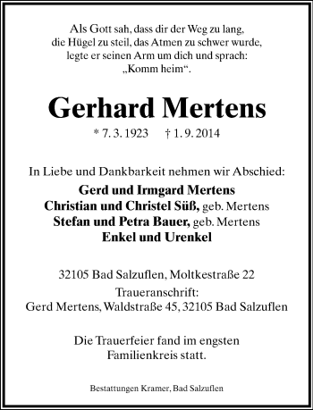 Anzeige  Gerhard Mertens  Lippische Landes-Zeitung