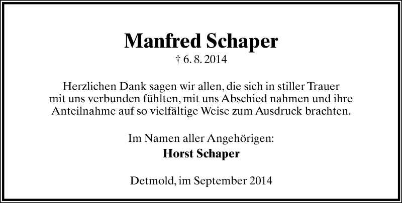  Traueranzeige für Manfred Schaper vom 06.09.2014 aus Lippische Landes-Zeitung