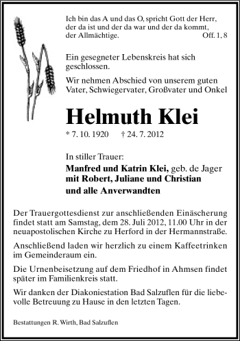Anzeige  Helmuth Klei  Lippische Landes-Zeitung