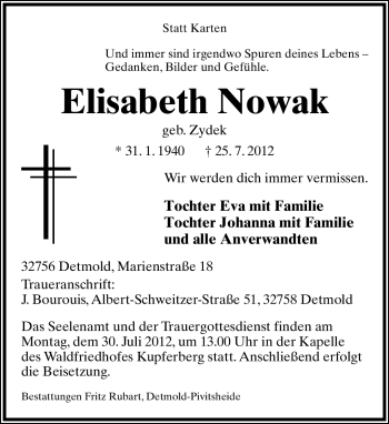 Anzeige  Elisabeth Nowak  Lippische Landes-Zeitung