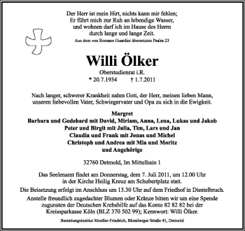 Anzeige  Willi Ölker  Lippische Landes-Zeitung