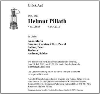Anzeige  Helmut Pillath  Lippische Landes-Zeitung