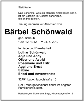 Anzeige  Bärbel Schönwald  Lippische Landes-Zeitung