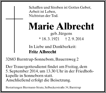 Anzeige  Marie Albrecht  Lippische Landes-Zeitung