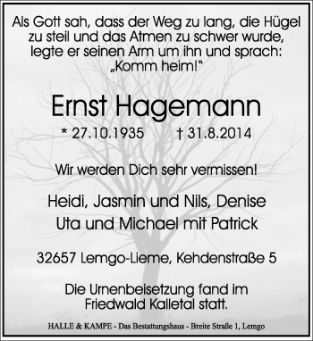 Anzeige  Ernst Hagemann  Lippische Landes-Zeitung