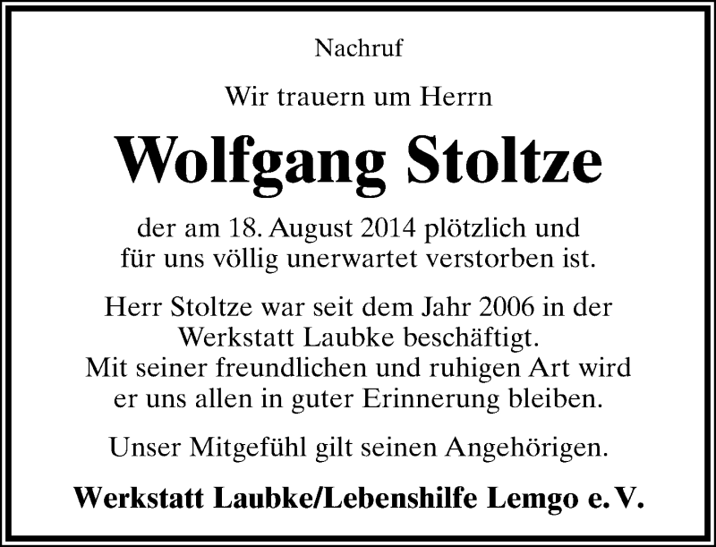 Traueranzeige für Wolfgang Stoltze vom 05.09.2014 aus Lippische Landes-Zeitung