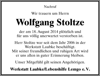 Anzeige  Wolfgang Stoltze  Lippische Landes-Zeitung