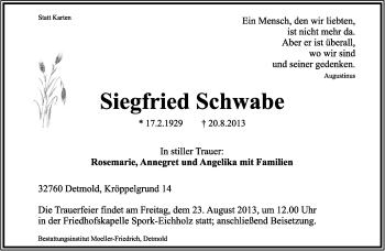 Anzeige  Siegfried Schwabe  Lippische Landes-Zeitung