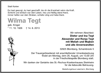 Anzeige  Wilma Tegt  Lippische Landes-Zeitung
