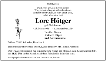 Anzeige  Lore Hötger  Lippische Landes-Zeitung