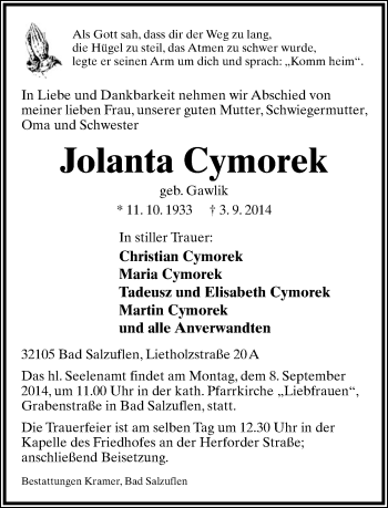Anzeige  Jolanta Cymorek  Lippische Landes-Zeitung