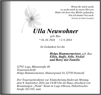 Anzeige  Ulla Neuwohner  Lippische Landes-Zeitung
