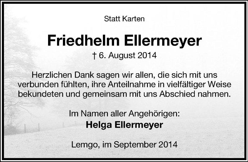  Traueranzeige für Friedhelm  Ellermeyer vom 06.09.2014 aus Lippische Landes-Zeitung