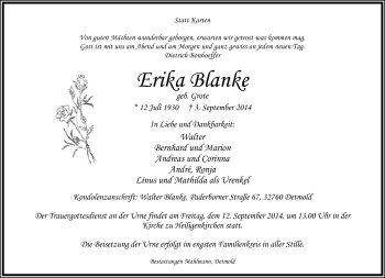 Anzeige  Erika Blanke  Lippische Landes-Zeitung