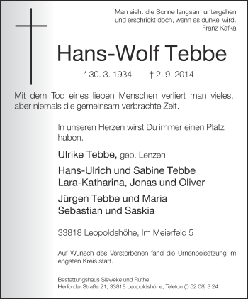 Anzeige  Hans-Wolf Tebbe  Lippische Landes-Zeitung