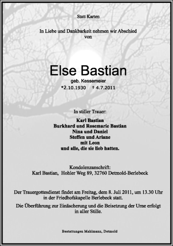 Anzeige  Else Bastian  Lippische Landes-Zeitung