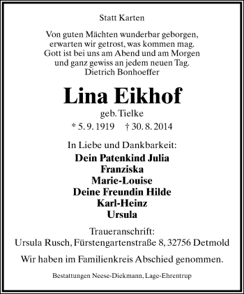 Anzeige  Lina Eikhof  Lippische Landes-Zeitung