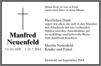 Anzeige  Manfred  Neuenfeld  Lippische Landes-Zeitung