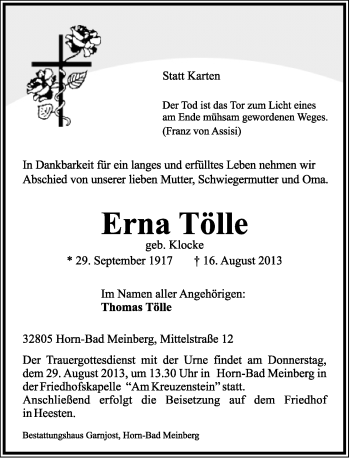 Anzeige  Erna Tölle  Lippische Landes-Zeitung