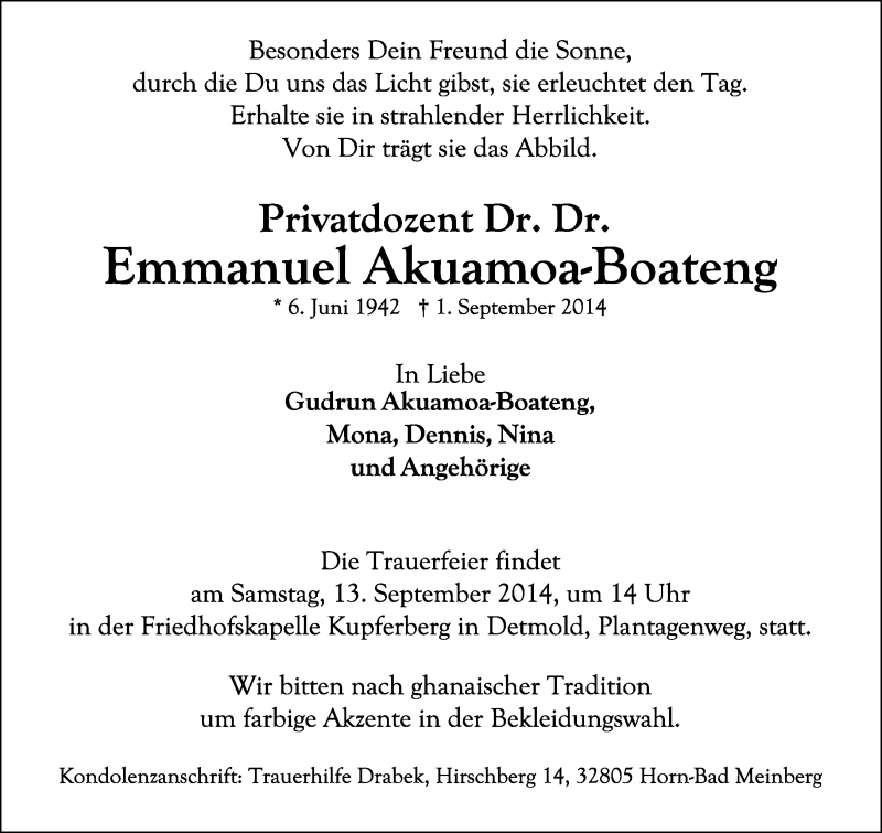  Traueranzeige für Emmanuel Akuamoa-Boateng vom 06.09.2014 aus Lippische Landes-Zeitung