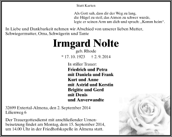 Anzeige  Irmgard Nolte  Lippische Landes-Zeitung