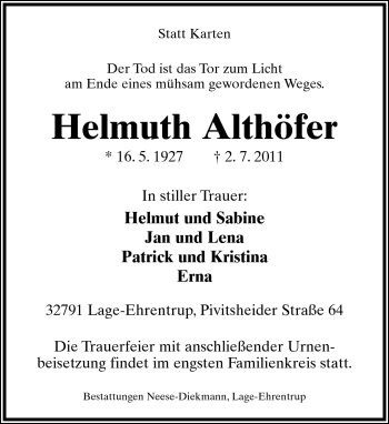Anzeige  Helmuth Althöfer  Lippische Landes-Zeitung