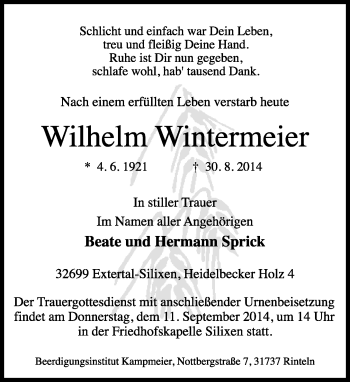 Anzeige  Wilhelm Wintermeier  Lippische Landes-Zeitung
