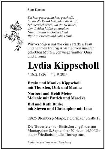 Anzeige  Lydia Kippscholl  Lippische Landes-Zeitung