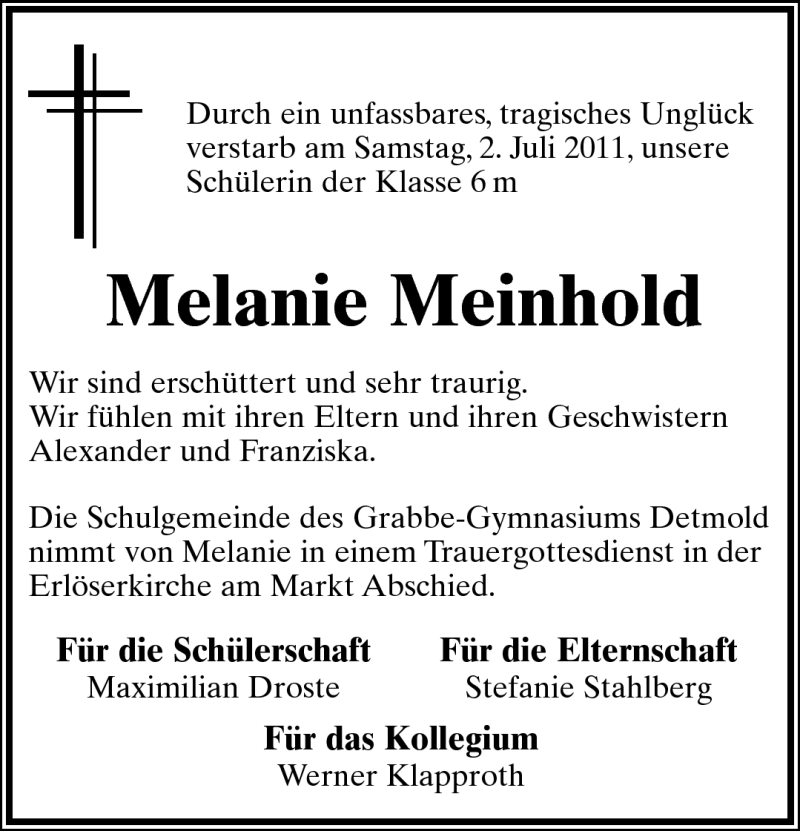  Traueranzeige für Melanie Meinhold vom 06.07.2011 aus Lippische Landes-Zeitung