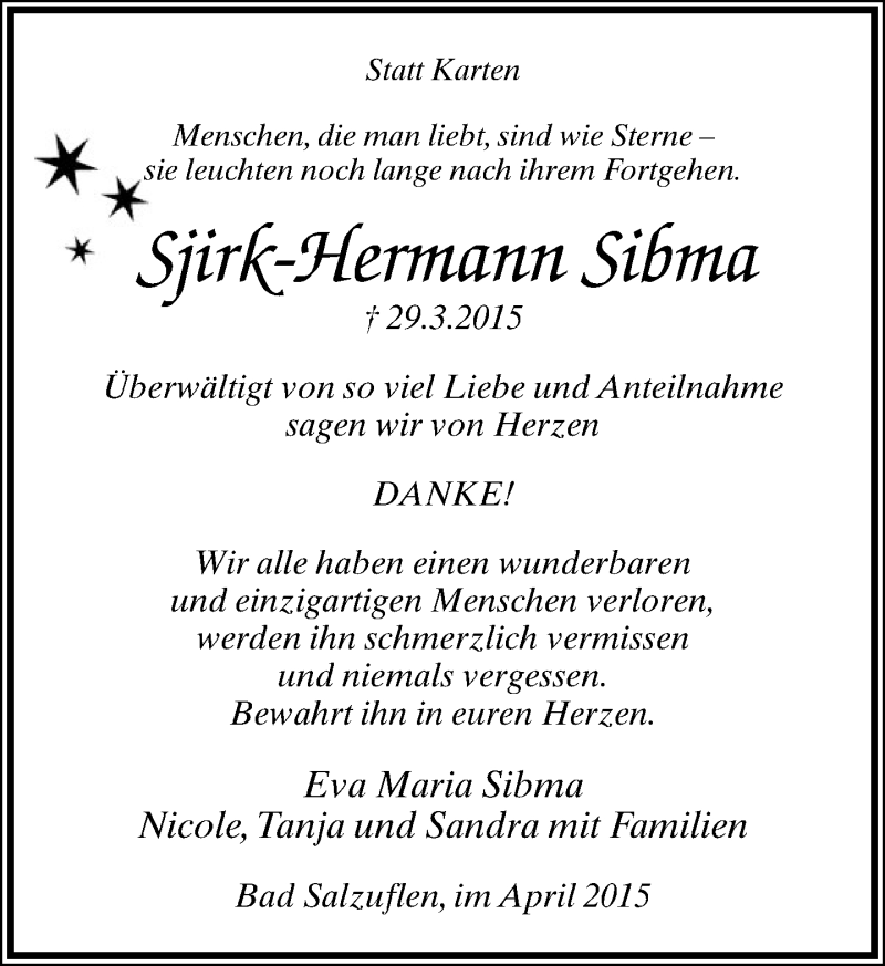  Traueranzeige für Sjirk-Hermann Sibma vom 18.04.2015 aus Lippische Landes-Zeitung