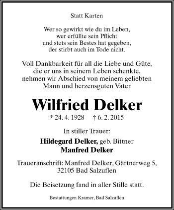 Anzeige  Wilfried Delker  Lippische Landes-Zeitung