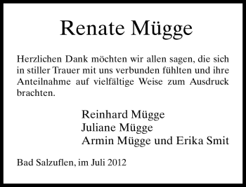 Anzeige  Renate Mügge  Lippische Landes-Zeitung