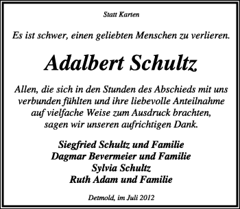 Anzeige  Adalbert Schultz  Lippische Landes-Zeitung