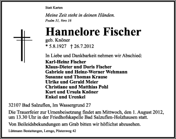 Anzeige  Hannelore Fischer  Lippische Landes-Zeitung